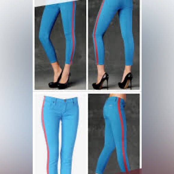 Hudson NWT Brand New Loulou Turquoise with Red Stripe Skinny Jeans size 39 - Picture 2 of 7